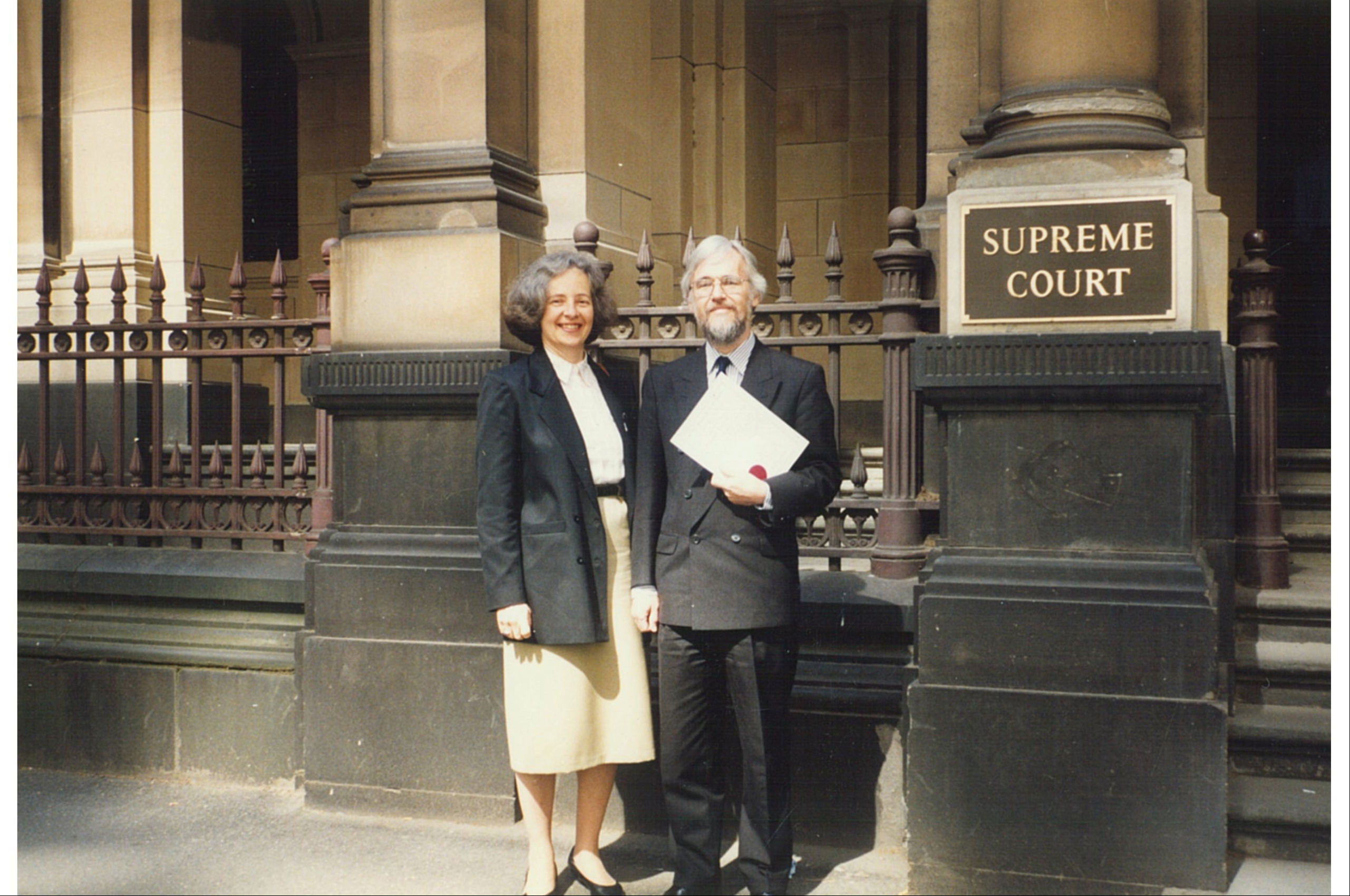 Roger Douglas and Robin Burns in front of the Supreme Court