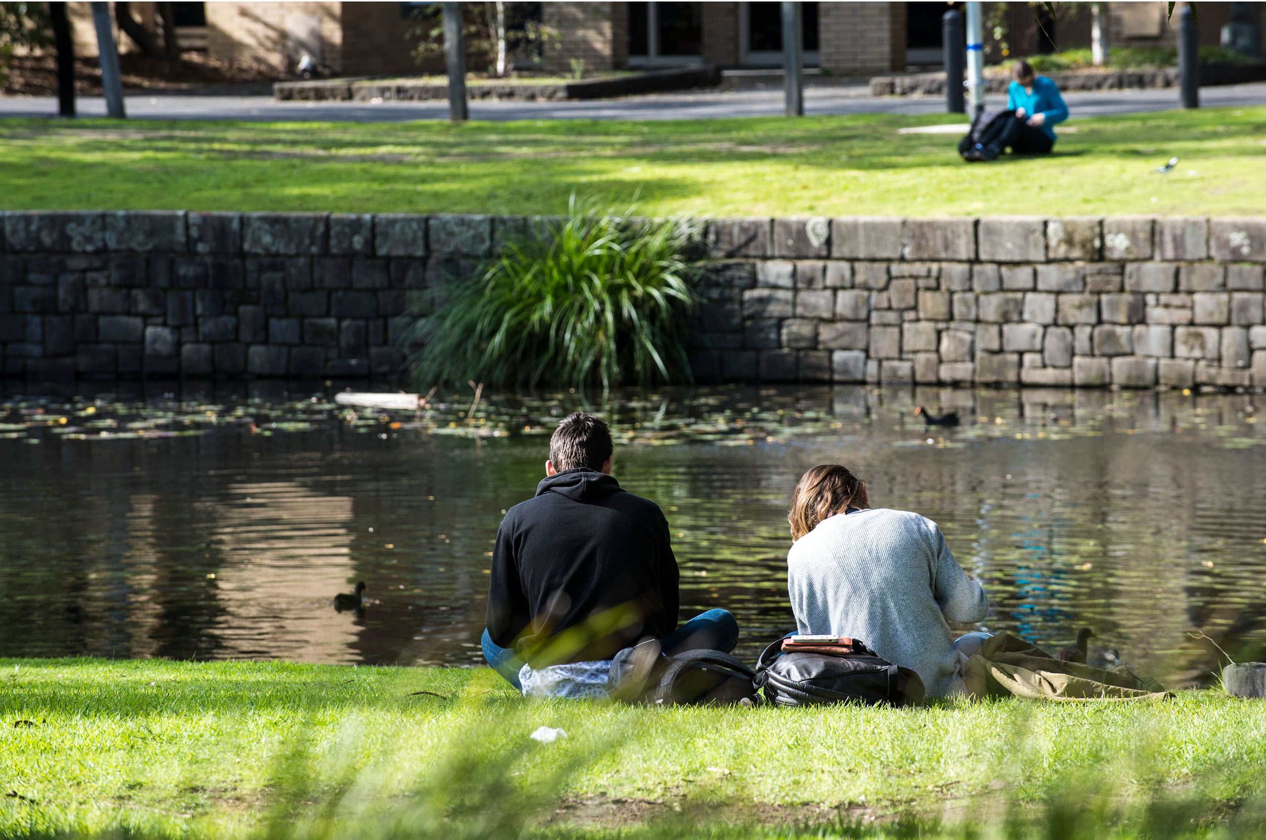 Students sitting on the lawn near the moat studying.