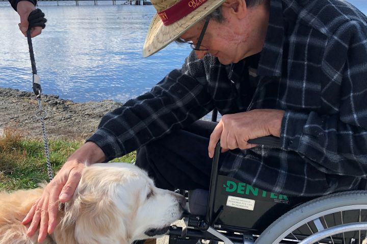 Disabled man in a wheelchair pets a dog.