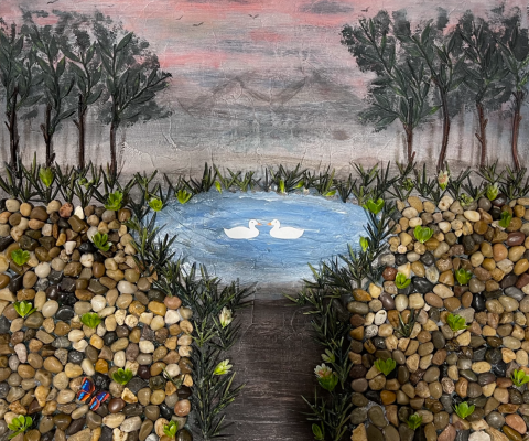 Artwork of two ducks in a pond, surrounded by pebbles and trees. 