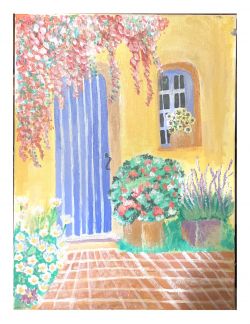 A painting of a yellow home with a blue door and an arched window, decorated by potted plants and flowers.